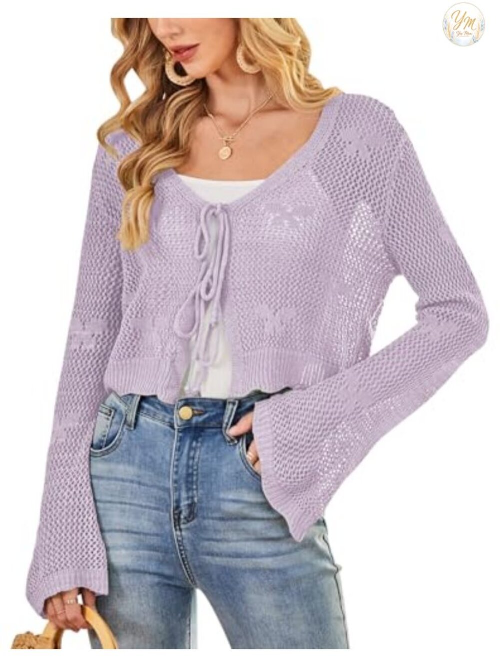 Crochet Cardigan Tie Front Bell Sleeve Open Knit Sweater